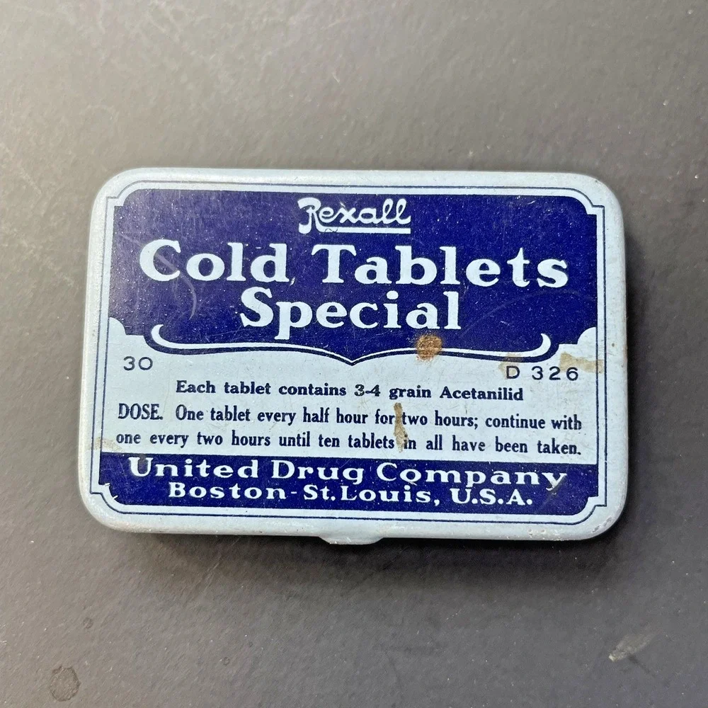 Vtg Rexall Cold Tablets Blue Medicine Tin United Drug Company Empty Insert Paper